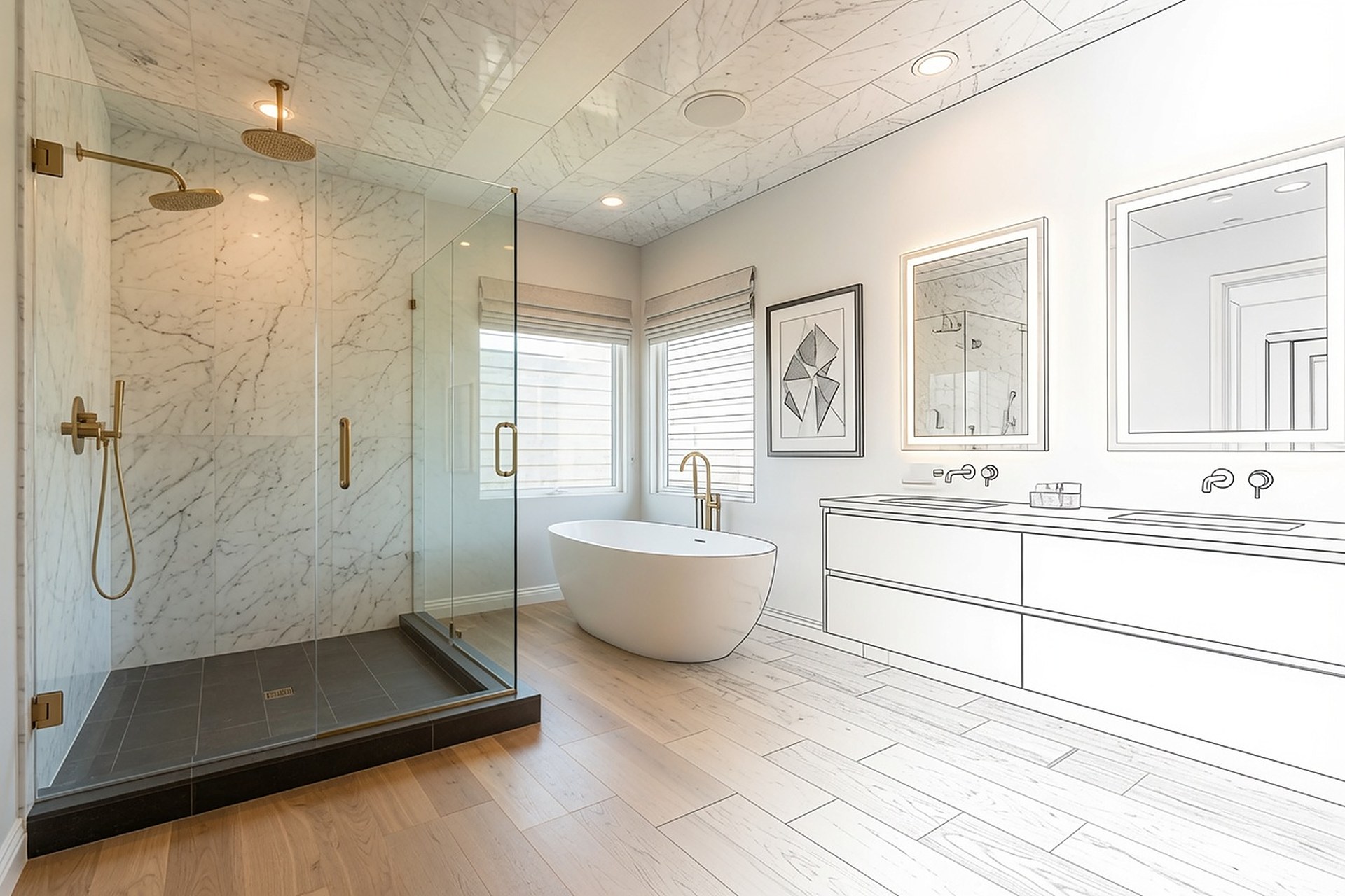 Bright modern bathroom transforming from design sketch to finished space — marble shower, freestanding tub, double vanity
